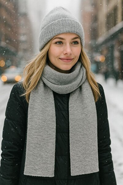 HAZAL KAYA ATELIER Gray Knitwear Women's Scarf Beanie Set of 2 160X20 cm