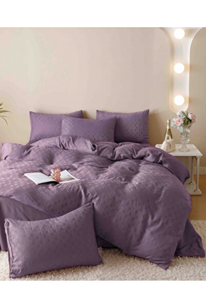 JOJO Double Bed Linen Set, Finely Woven Jacquard, 6 Pieces - Powder Purple