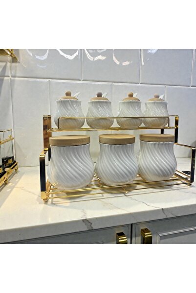 ES BAMBU KAPAKLI PORSELEN KAŞIKLI VE METAL STANDLI 7'li PORSELEN BAHARATLIK