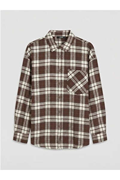 LC Waikiki M1 Sezon Brown Plaid Oversized Women's Shirt