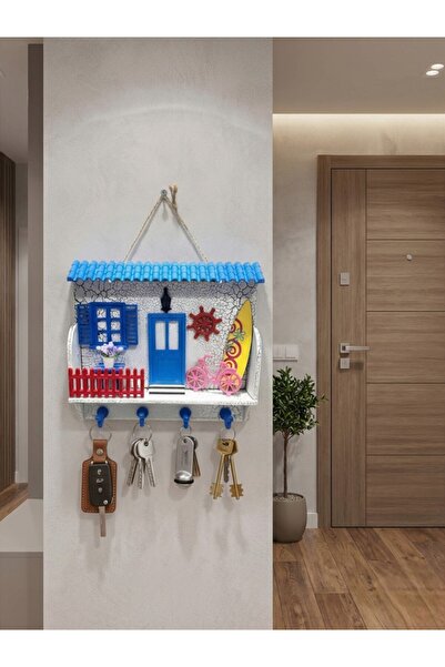 Padilon Ahşap Anahtar Askısı Duvar Anahtarlığı Ev Figürlü Mavi Çatılı Balıkçı...