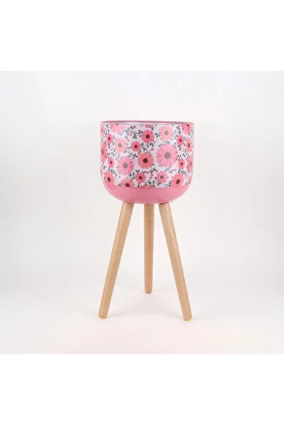 Generic Decorative metal plant stand with a floral pattern and wooden legs