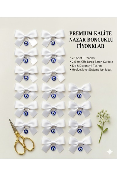 serap çiçekçilik "25'li Set Nazar Boncuklu Premium Beyaz Saten Fiyonk - 2,5 c...
