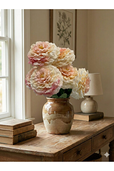 Siyah Lale Şakayık Peony Beyaz-Pembe Geçişli Yapay Çiçek 1 Demet 42 Cm