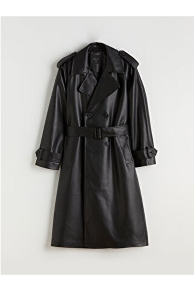 LC Waikiki Black Double-Breasted Collar Women's Leather-Look Trench Coat