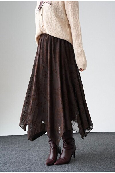 MNZTEKS Asimetrik Kesim Şifon Etek – Kahve | Hafif Dokulu, Akışkan Form