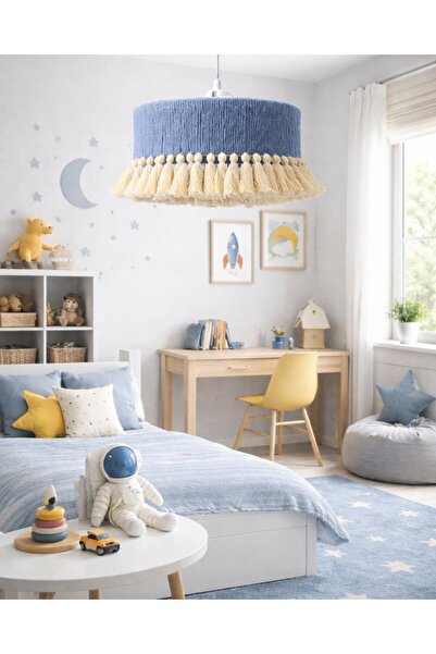 livadesign7 El Yapımı Mavi & Krem Püsküllü Avize | Modern & Doğal Tasarım | Ç...