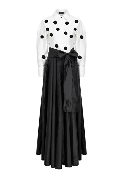 MERT ERKAN فستان قميص ماكسي من التفتا باللونين الأسود والأبيض مطرز بالأحجار ا...