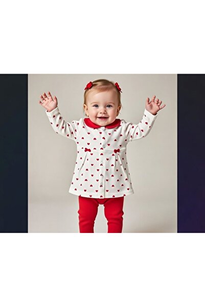 Kırmızı Kalpli Pamuklu Kız Bebek Takımı – Uzun Kollu Üst & Alt 2’li Set