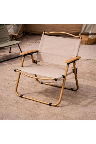 Generic Foldable Camping Chair with Golden Frame and Wooden Armrests