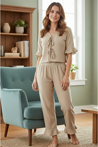 YusGos Women's Flounce Sleeve and Leg Detail Lace-Up Front Bamboo Linen Pajam...