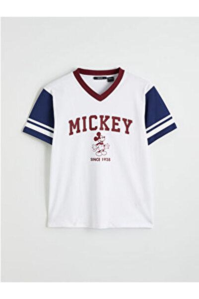LC Waikiki M1 Season White V-Neck Mickey Mouse Printed Oversized Women's T-Shirt