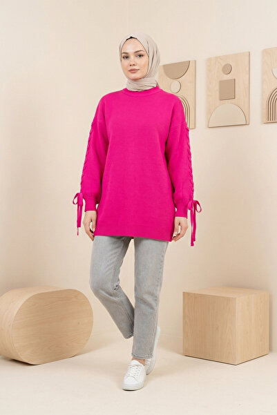 Kirazgym Women's Knitted Round Neck Knitwear Tunic with Sleeve Knit Detail - ...