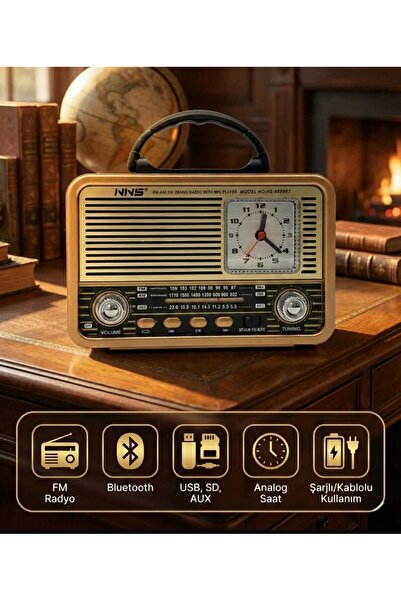 mr shopping MR Saat Göstergeli Retro Ahşap Tasarım Bluetooth Hoparlörlü Radyo...