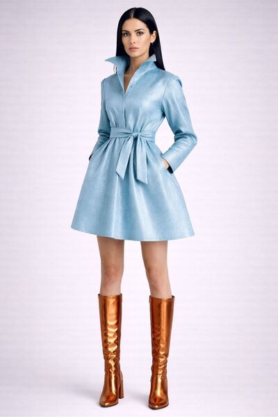 UNTIMELY Leather Satin Mini Shirt Dress with Belt Detail and Patterned Design