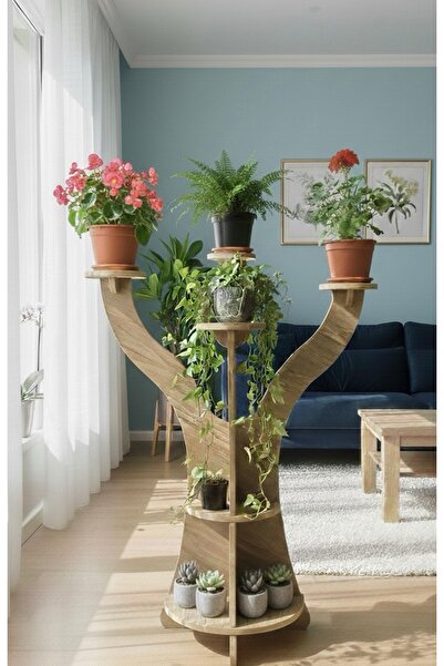 WOODEN MAN Dekoratif Ağaç Formlu Çiçeklik Standı - 8 Bölmeli Saksı Rafı - Ahş...