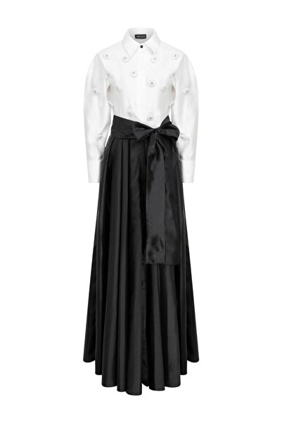 MERT ERKAN Couture Taş İşlemeli Siyah-Beyaz Maxi Tafta Gömlek Elbise