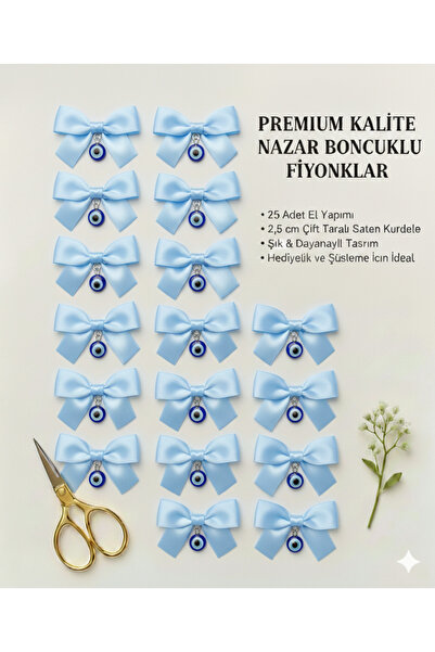 serap çiçekçilik "25'li Set Nazar Boncuklu Premium Bebe Mavi Saten Fiyonk - 2...