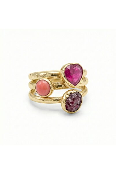 makeitbylove Sultan El Yapımı Kök Yakut Mercan ve Kırmızı Topaz Üçlü Yüzük Se...