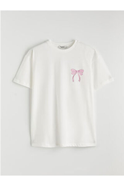 LC Waikiki M1 Sezon Ecru Bow Printed Women's T-Shirt