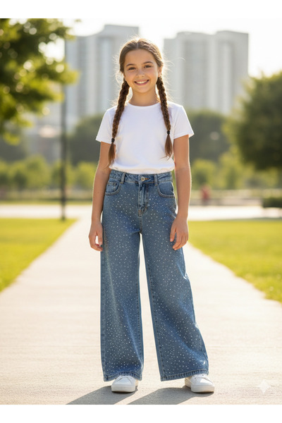 CUBBUX Дънки с широки крачоли и блестящи камъни за момичета - сини дънки