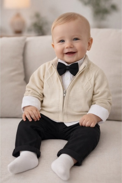 Pure Boutique Costum elegant bebe 4 piese crem pulover camasa pantaloni papio...