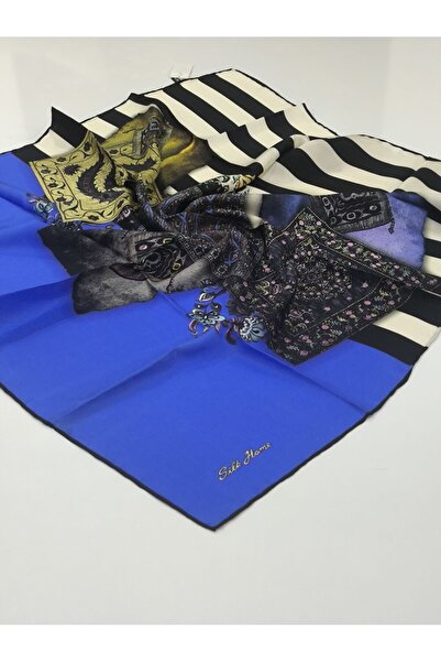 PİRAMİT وشاح حرير تيفيل من سيلك هوم بنمط عرقي ساكس أزرق بلون الكوبالت 1000-1