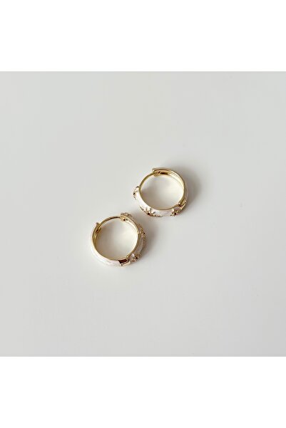 Vesce Atelier Cream Enamel Embellished Gold Star Detailed Hoop Earrings