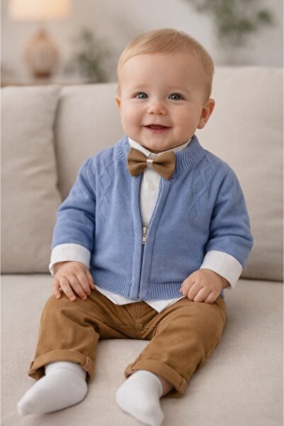 Pure Boutique Costum elegant bebe baiat 4 piese albastru sacou camasa pantalo...