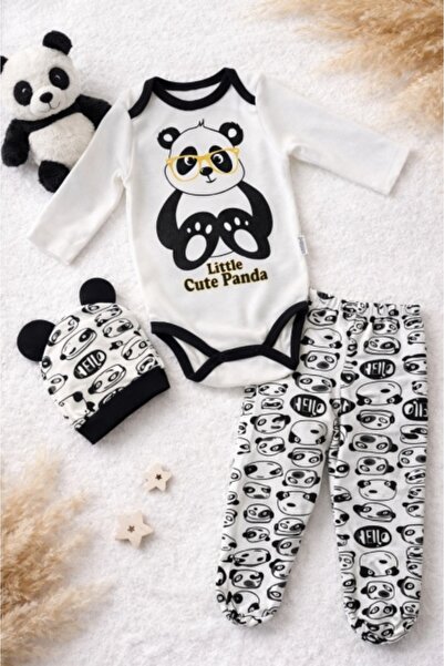 Pure Boutique Set bebe panda 3 piese bumbac body pantaloni caciula unisex cad...