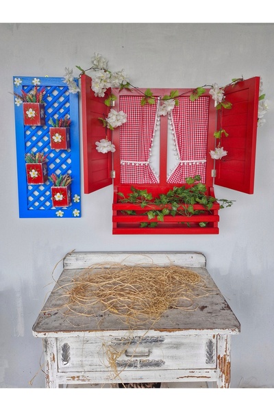 buraxe Bozcaada konseptli ahşap panjurlu pencere ve saksılı pano set,balkon,c...