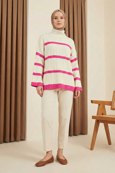 MODAQU Striped High-Neck Knit Sweater - Ecru