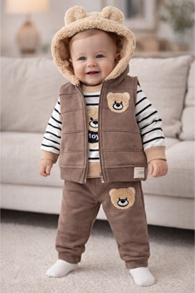 Pure Boutique Παιδική φόρμα 3 τεμαχίων καφέ αρκουδάκι γιλέκο μπλούζα βαμβακερ...