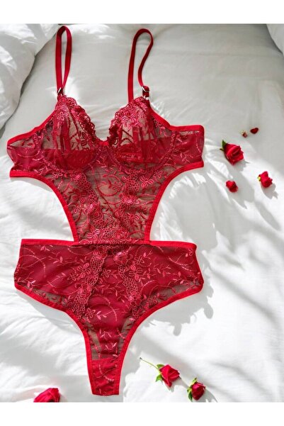 aldyoo Kırmızı Dantelli Balenli Kapsız Transparan Bodysuit Babydoll