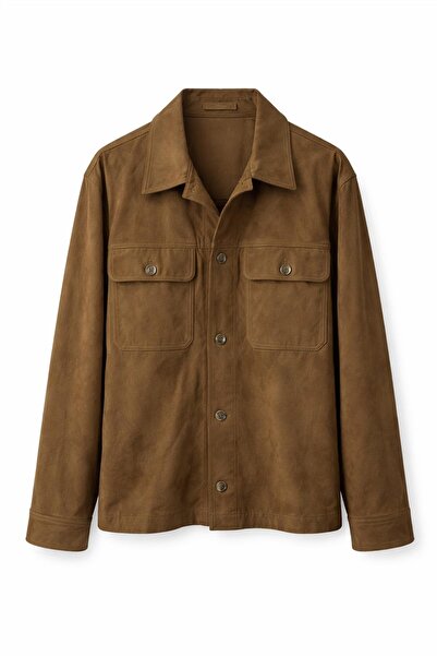 MASERTO Men's tan suede-look button-down shirt jacket