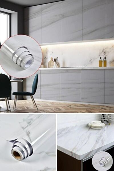 Munico Dekoratif Mermer Beyaz Dolabı Yapışkanlı Desenli Mutfak Her Krem Tezga...