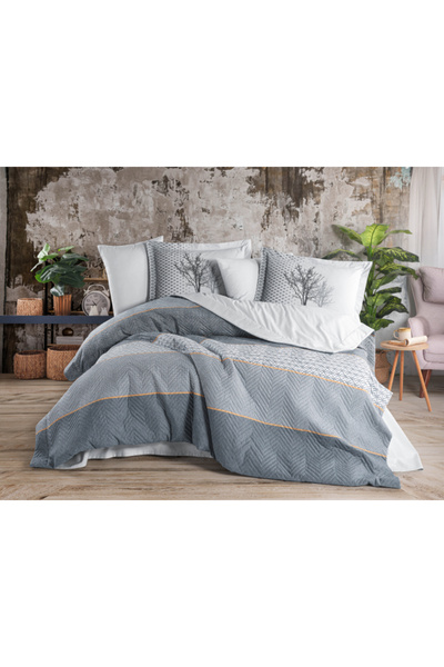 CASIMI Poplin Cotton Bedding Set, Quilted, 2 Persons - Tanya Indigo