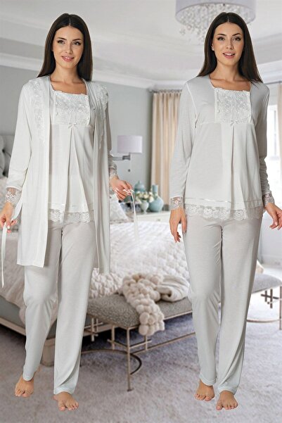 ByLohusa Effortt Ecru Maternity Pajama Set with Dressing Gown