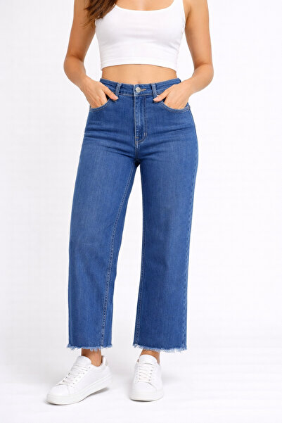 Lighter Jeans Kadın Orta Mavi Likralı Geniş Paça Jean Pantolon – Salaş Kesim,...