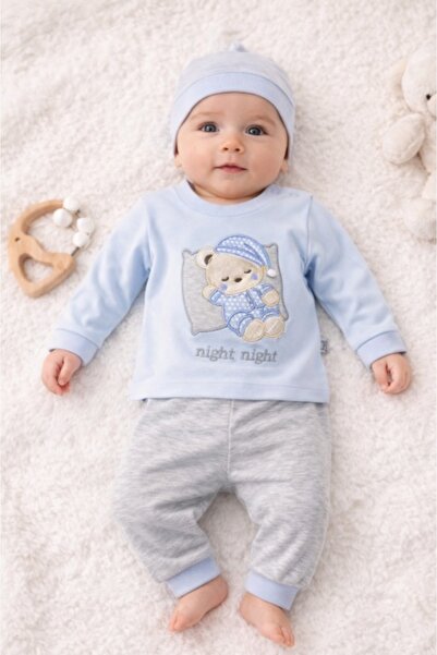 Pure Boutique Set bebelus baietel 3 piese bumbac cu ursulet bluza pantaloni c...