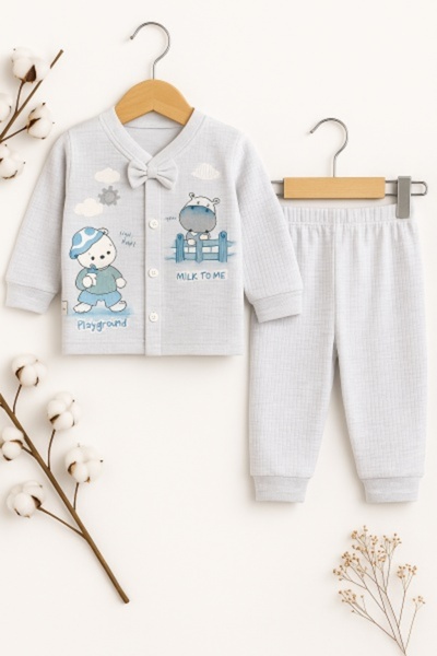 Pure Boutique Set bebe bumbac 2 piese bluza cu papion pantaloni gri