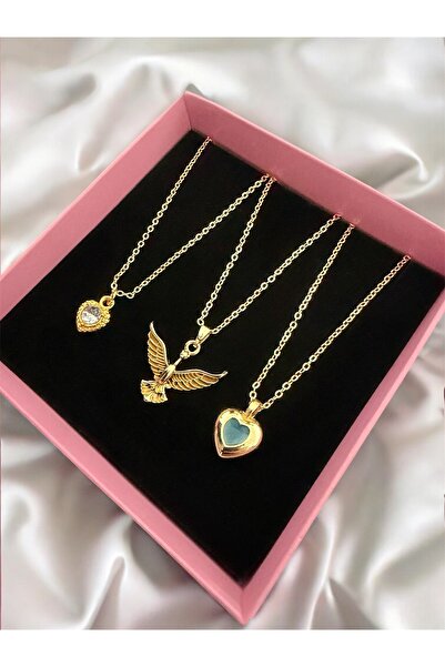Madam Bikan Gold Renk 3 lü Anka Kuşu Mavi Beyaz Kalp Kolye