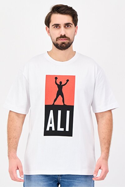 ALI Men Crew Neck Graphic Print Short Sleeve T-Shirts, White