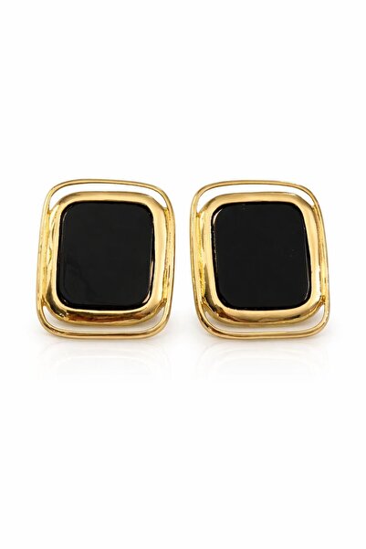 Sense of Atelier Noir Frame Black Stone Detailed Gold Square Earrings