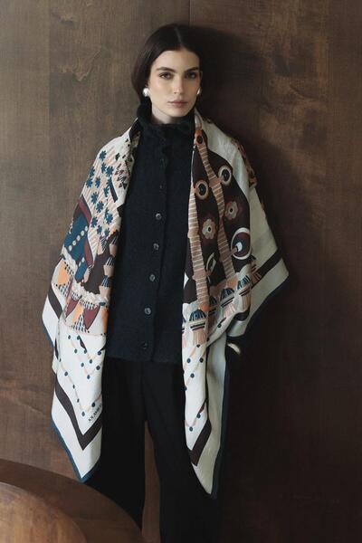 Jolamier Petrol Mosaic Yün İpek Omuz Şalı