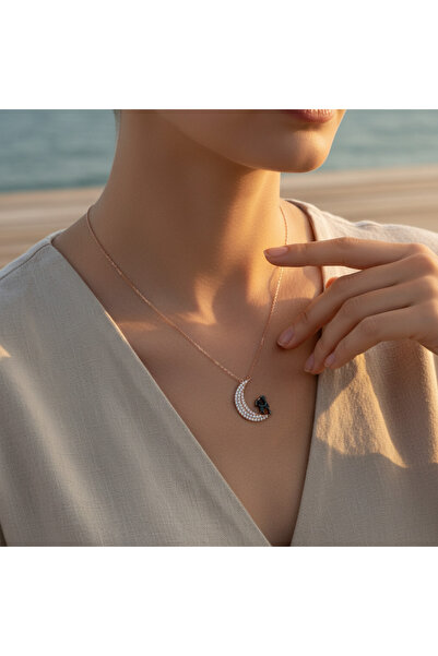 Beelo Silver 925 Ayar Gümüş Rose Kaplama Ay Üzerinde Sarılan Çift Kolye Roman...