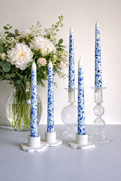 inrobert El Yapımı Çiçek Desenli Krem Şamdan Mum Seti – 25 cm Premium Dekor Mum