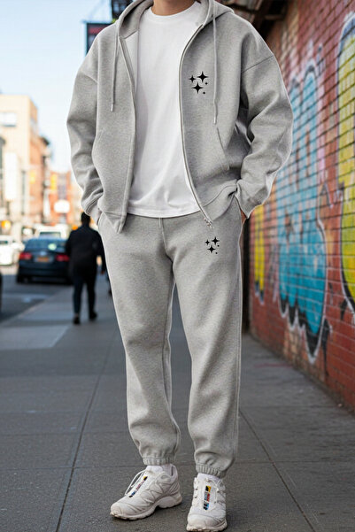 EFFRENATU Hooded Zippered Star Printed Sweatshirt-Sweatpants Set