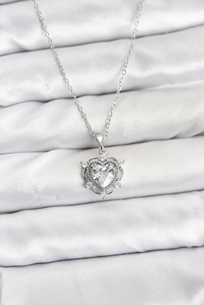 Epilons Bfs 316L Steel Chain Silver Color Heart Model Zircon Stone Women's Ne...