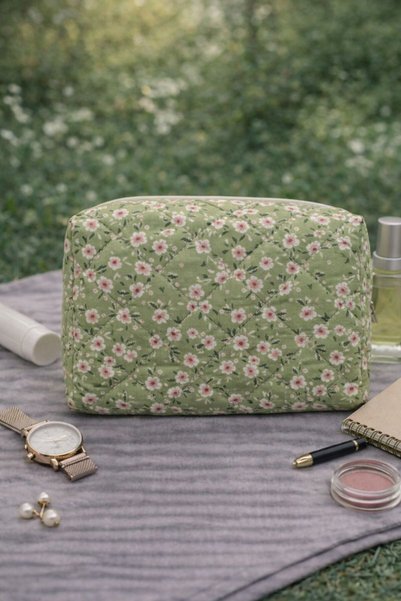 MIORA BAG حقيبة مكياج منقوشة بالزهور الخضراء - منظم وحافظة للمكياج